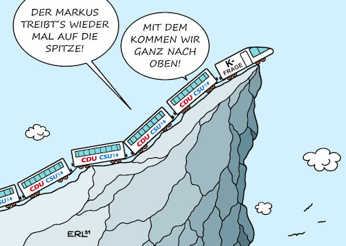 Cartoon: Markus Spitze (medium) by Erl tagged politik,partei,cdu,csu,kanzlerkandidat,frage,armin,laschet,nrw,ministerpräsident,bayern,markus,söder,umfragen,oben,machtkampf,beschädigung,situation,verfahren,lösung,rückzug,gesicht,wahren,ratlosigkeit,gipfel,spitze,abgrund,zug,karikatur,erl,politik,partei,cdu,csu,kanzlerkandidat,frage,armin,laschet,nrw,ministerpräsident,bayern,markus,söder,umfragen,oben,machtkampf,beschädigung,situation,verfahren,lösung,rückzug,gesicht,wahren,ratlosigkeit,gipfel,spitze,abgrund,zug,karikatur,erl