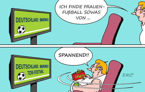 Cartoon: Meinungsumschwung (medium) by Erl tagged politik,sport,fußball,frauen,frauenfußball,wm,2023,weltmeisterschaft,australien,neuseeland,spiel,deutschland,marokko,tor,tore,torfestival,spannung,begeisterung,überzeugung,skeptiker,vorurteile,mann,frau,rollenklischees,fernsehen,bier,chips,karikatur,erl,politik,sport,fußball,frauen,frauenfußball,wm,2023,weltmeisterschaft,australien,neuseeland,spiel,deutschland,marokko,tor,tore,torfestival,spannung,begeisterung,überzeugung,skeptiker,vorurteile,mann,frau,rollenklischees,fernsehen,bier,chips,karikatur,erl