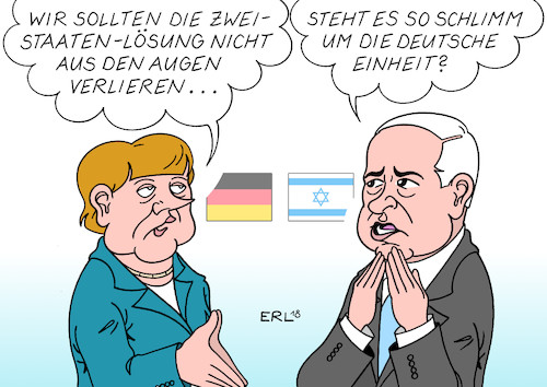 Cartoon: Merkel bei Netanjahu (medium) by Erl tagged politik,deutschland,israel,kabinett,besuch,merkel,netanjahu,nahost,konflikt,siedlungsbau,zweistaatenlösung,palästina,palästinenser,deutsche,einheit,rechtspopulismus,defizite,karikatur,erl,politik,deutschland,israel,kabinett,besuch,merkel,netanjahu,nahost,konflikt,siedlungsbau,zweistaatenlösung,palästina,palästinenser,deutsche,einheit,rechtspopulismus,defizite,karikatur,erl