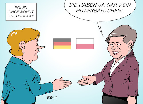 Cartoon: Merkel in Polen (medium) by Erl tagged bundeskanzlerin,angela,merkel,besuch,polen,ministerpräsidentin,beata,szydlo,ungewohnt,freundlich,freundlichkeit,verbündete,hitlerbärtchen,zeitungen,karikatur,erl,merkel,polen