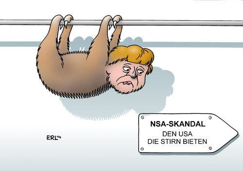 Cartoon: Merkel NSA (medium) by Erl tagged nsa,geheimdienst,usa,überwachung,ausspähaffäre,skandal,internet,telefon,smartphone,daten,bundeskanzlerin,angela,merkel,no,spy,abkommen,engagement,tatkraft,faulheit,faultier,nsa,geheimdienst,usa,überwachung,ausspähaffäre,skandal,internet,telefon,smartphone,daten,bundeskanzlerin,angela,merkel,no,spy,abkommen,engagement,tatkraft,faulheit,faultier