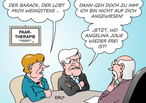 Cartoon: Merkel Seehofer (medium) by Erl tagged streit,csu,seehofer,horst,bayern,ministerpräsident,cdu,merkel,angela,bundeskanzlerin,flüchtlingspolitik,obergrenze,lob,deutschland,usa,präsident,barack,obama,paar,therapie,paartherapie,trennung,scheidung,schauspieler,angelina,jolie,brad,pitt,karikatur,erl,bundeskanzlerin,angela,merkel,cdu,ministerpräsident,bayern,horst,seehofer,csu,streit,flüchtlingspolitik,obergrenze,lob,deutschland,usa,präsident,barack,obama,paar,therapie,paartherapie,trennung,scheidung,schauspieler,angelina,jolie,brad,pitt,karikatur,erl