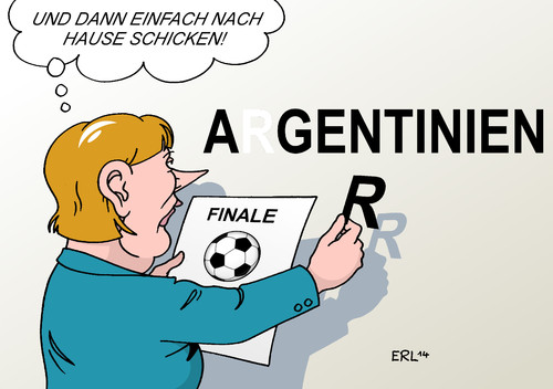 Cartoon: Merkel Taktik (medium) by Erl tagged wm,weltmeisterschaft,fußball,finale,endspiel,deutschland,argentinien,geheimdienst,usa,spionage,agent,agenten,ausweisung,taktik,bundeskanzlerin,angela,merkel,fußball