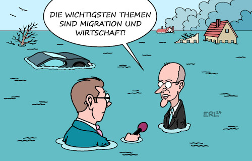 Cartoon: Merz Themen (medium) by Erl tagged politik,kanzlerkandidat,union,merz,themen,migration,wirtschaft,klima,extremwetter,hochwasser,karikatur,erl,politik,kanzlerkandidat,union,merz,themen,migration,wirtschaft,klima,extremwetter,hochwasser,karikatur,erl