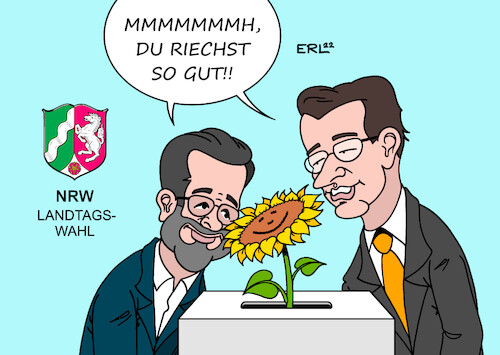 Cartoon: Mit Blumen sprechen (medium) by Erl tagged politik,wahl,landtagswahl,nrw,nordrhein,westfalen,ministerpräsident,hendrik,wüst,cdu,herausforderer,thomas,kutschaty,spd,koalitionspartner,grüne,komplimente,sonnenblume,wahlurne,kleine,bundestagswahl,karikatur,erl,politik,wahl,landtagswahl,nrw,nordrhein,westfalen,ministerpräsident,hendrik,wüst,cdu,herausforderer,thomas,kutschaty,spd,koalitionspartner,grüne,komplimente,sonnenblume,wahlurne,kleine,bundestagswahl,karikatur,erl