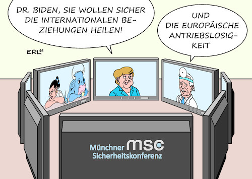 Cartoon: Münchner Sicherheitskonferenz (medium) by Erl tagged politik,münchner,sicherheitskonferenz,videokonferenz,internationale,sicherheit,usa,präsident,joe,biden,heilung,beziehungen,antriebslosigkeit,eu,europa,stier,bundeskanzlerin,angela,merkel,karikatur,erl,politik,münchner,sicherheitskonferenz,videokonferenz,internationale,sicherheit,usa,präsident,joe,biden,heilung,beziehungen,antriebslosigkeit,eu,europa,stier,bundeskanzlerin,angela,merkel,karikatur,erl