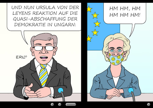 Cartoon: Mundschutz (medium) by Erl tagged politik,corona,krise,virus,coronakrise,coronavirus,eu,ungarn,viktor,orban,gelegenheit,schwächung,demokratie,parlament,rechtsstaat,notstand,dekret,unbefristet,autokratie,diktatur,reaktion,ursula,von,der,leyen,schwach,mundschutz,karikatur,erl,politik,corona,krise,virus,coronakrise,coronavirus,eu,ungarn,viktor,orban,gelegenheit,schwächung,demokratie,parlament,rechtsstaat,notstand,dekret,unbefristet,autokratie,diktatur,reaktion,ursula,von,der,leyen,schwach,mundschutz,karikatur,erl