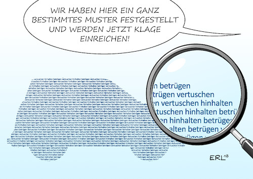 Cartoon: Muster ohne Wert (medium) by Erl tagged politik,auto,automobilbau,autoindustrie,autobauer,vw,volkswagen,audi,daimler,diesel,dieselaffäre,dieselskandal,abgasaffaere,abgasskandal,abgaswerte,manipulation,software,betrug,betrügen,vertuschen,hinhalten,autofahrer,kunden,autokäufer,gesetz,verbraucher,verbraucherschutz,musterfeststellungsklage,lupe,sammelklage,risiko,kläger,entschädigung,klagen,allein,muster,ohne,wert,karikatur,erl,politik,auto,automobilbau,autoindustrie,autobauer,vw,volkswagen,audi,daimler,diesel,dieselaffäre,dieselskandal,abgasaffaere,abgasskandal,abgaswerte,manipulation,software,betrug,betrügen,vertuschen,hinhalten,autofahrer,kunden,autokäufer,gesetz,verbraucher,verbraucherschutz,musterfeststellungsklage,lupe,sammelklage,risiko,kläger,entschädigung,klagen,allein,muster,ohne,wert,karikatur,erl