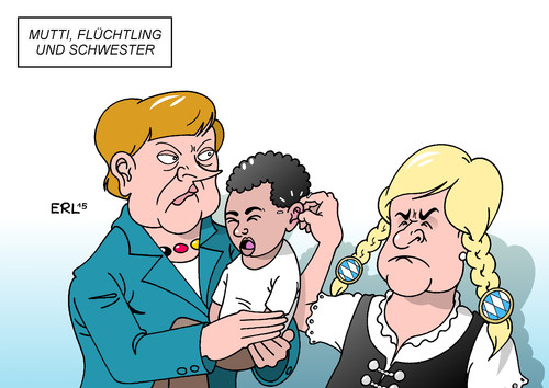 Cartoon: Mutti Flüchtling Schwester (medium) by Erl tagged flüchtling,flüchtlinge,europa,eu,deutschland,bundeskanzlerin,angela,merkel,offenheit,kritik,cdu,csu,konservative,rechte,ministerpräsident,bayer,horst,seehofer,schwesterpartei,schwester,eifersucht,brüderchen,zwicken,mutti,karikatur,erl,flüchtling,flüchtlinge,europa,eu,deutschland,bundeskanzlerin,angela,merkel,offenheit,kritik,cdu,csu,konservative,rechte,ministerpräsident,bayer,horst,seehofer,schwesterpartei,schwester,eifersucht,brüderchen,zwicken,mutti,karikatur,erl