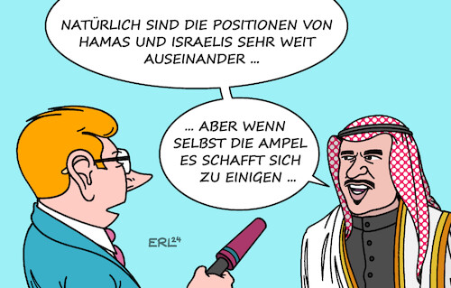 Cartoon: Nahost-Verhandlungen II (medium) by Erl tagged politik,anschlag,angriff,überfall,terror,hamas,israel,reaktion,gaza,krieg,tötung,ismail,haniyya,gebiet,iran,gefahr,gegenschlag,hisbollah,libanon,verhandlungen,doha,katar,schwierig,vergleich,ampel,spd,grüne,fdp,streit,haushalt,karikatur,erl,politik,anschlag,angriff,überfall,terror,hamas,israel,reaktion,gaza,krieg,tötung,ismail,haniyya,gebiet,iran,gefahr,gegenschlag,hisbollah,libanon,verhandlungen,doha,katar,schwierig,vergleich,ampel,spd,grüne,fdp,streit,haushalt,karikatur,erl