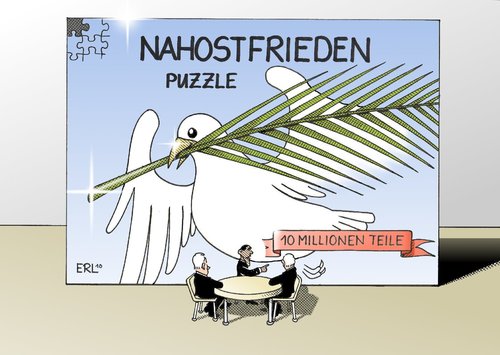 Cartoon: Nahost (medium) by Erl tagged nahost,frieden,gespräch,israel,palästina,usa,netanjahu,abbas,obama,puzzle,zehn,millionen,teile,nahost,frieden,gespräch,israel,palästina,usa,netanjahu,abbas,barack obama,puzzle,krieg,soldaten,militär,ende,barack,obama