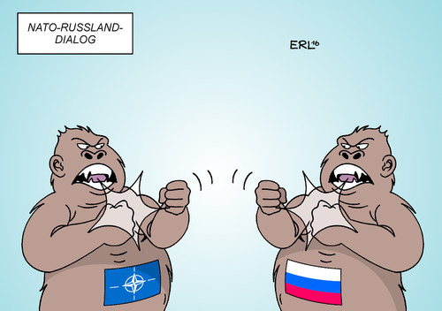 Cartoon: NATO-Russland-Dialog (medium) by Erl tagged nato,russland,dialog,säbelrasseln,militär,bündnis,manöver,stärke,verteidigung,imponiergehabe,tierreich,gorilla,karikatur,erl,nato,russland,dialog,säbelrasseln,militär,bündnis,manöver,stärke,verteidigung,imponiergehabe,tierreich,gorilla,karikatur,erl