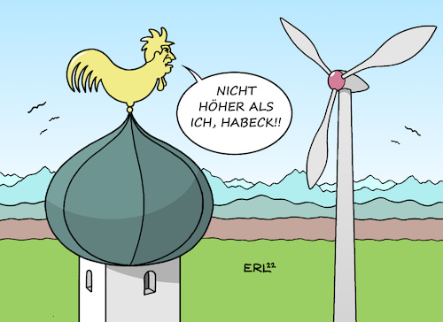 Cartoon: Neue H-Regel (medium) by Erl tagged politik,klima,klimaschutz,ausbau,erneuerbare,energien,windkraft,wirtschaftsminister,robert,habeck,übereugungsarbeit,bayern,blockade,windräder,10h,regel,abstand,höhe,markus,söder,wetterhahn,kirchturm,karikatur,erl,politik,klima,klimaschutz,ausbau,erneuerbare,energien,windkraft,wirtschaftsminister,robert,habeck,übereugungsarbeit,bayern,blockade,windräder,10h,regel,abstand,höhe,markus,söder,wetterhahn,kirchturm,karikatur,erl