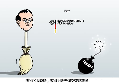 Cartoon: Neuer Besen (medium) by Erl tagged innenminister,neu,friedrich,terror,anschlag,gefahr,islamismus,besen,bundesministerium,innenminister,friedrich,terror,anschlag,gefahr,islamismus,besen,bundesministerium