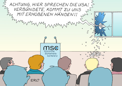 Cartoon: Neuer transatlantischer Ton (medium) by Erl tagged politik,münchner,sicherheitskonferenz,münchen,tagung,beratung,sicherheit,militär,verteidigung,kriege,konflikte,russland,nato,verbündete,usa,eu,distanz,entfremdung,befehlston,rede,vizepräsident,mike,pence,präsident,donald,trump,bundeskanzlerin,angela,merkel,zusammenhalt,karikatur,erl,politik,münchner,sicherheitskonferenz,münchen,tagung,beratung,sicherheit,militär,verteidigung,kriege,konflikte,russland,nato,verbündete,usa,eu,distanz,entfremdung,befehlston,rede,vizepräsident,mike,pence,präsident,donald,trump,bundeskanzlerin,angela,merkel,zusammenhalt,karikatur,erl