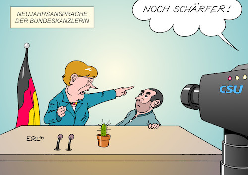 Cartoon: Neujahrsansprache (medium) by Erl tagged fernsehen,neujahrsansprache,bundeskanzlerin,angela,merkel,cdu,druck,csu,innere,sicherheit,überwachung,abschottung,abschiebung,obergrenze,asylbewerber,flüchtlinge,terror,anschlag,berlin,ende,willkommen,willkommenskultur,karikatur,erl,fernsehen,neujahrsansprache,bundeskanzlerin,angela,merkel,cdu,druck,csu,innere,sicherheit,überwachung,abschottung,abschiebung,obergrenze,asylbewerber,flüchtlinge,terror,anschlag,berlin,ende,willkommen,willkommenskultur,karikatur,erl