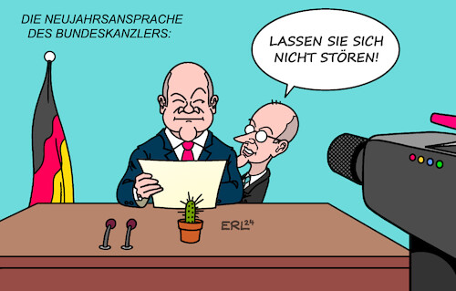 Cartoon: Neujahrsansprache (medium) by Erl tagged politik,jahreswechsel,2024,2025,silvester,neujahr,neujahrsansprache,bundeskanzler,neuwahlen,scholz,merz,karikatur,erl,politik,jahreswechsel,2024,2025,silvester,neujahr,neujahrsansprache,bundeskanzler,neuwahlen,scholz,merz,karikatur,erl