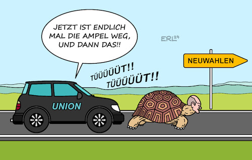 Cartoon: Neuwahlen (medium) by Erl tagged politik,ampel,aus,neuwahlen,streit,zeitplan,cdu,csu,eile,suv,scholz,schildkröte,karikatur,erl,politik,ampel,aus,neuwahlen,streit,zeitplan,cdu,csu,eile,suv,scholz,schildkröte,karikatur,erl