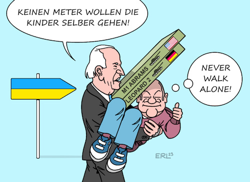 Cartoon: Never walk alone (medium) by Erl tagged politik,krieg,angriff,überfall,russland,ukraine,hilfe,waffenlieferungen,panzer,kampfpanzer,leopard,deutschland,bundeskanzler,olaf,scholz,bereitschaft,bedingung,geschlossenheit,eu,nato,usa,m1,abrams,präsident,joe,biden,karikatur,erl,politik,krieg,angriff,überfall,russland,ukraine,hilfe,waffenlieferungen,panzer,kampfpanzer,leopard,deutschland,bundeskanzler,olaf,scholz,bereitschaft,bedingung,geschlossenheit,eu,nato,usa,m1,abrams,präsident,joe,biden,karikatur,erl