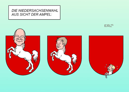 Cartoon: Niedersachsen I (medium) by Erl tagged politik,wahl,landtagswahl,niedersachsen,auswirkungen,bund,ampel,spd,grüne,fdp,scholz,habeck,lindner,rückenwind,dämpfer,wappen,pferd,karikatur,erl,politik,wahl,landtagswahl,niedersachsen,auswirkungen,bund,ampel,spd,grüne,fdp,scholz,habeck,lindner,rückenwind,dämpfer,wappen,pferd,karikatur,erl