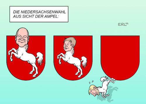 Cartoon: Niedersachsen II (medium) by Erl tagged politik,wahl,landtagswahl,niedersachsen,auswirkungen,bund,ampel,spd,grüne,fdp,scholz,habeck,lindner,rückenwind,dämpfer,wappen,pferd,karikatur,erl,politik,wahl,landtagswahl,niedersachsen,auswirkungen,bund,ampel,spd,grüne,fdp,scholz,habeck,lindner,rückenwind,dämpfer,wappen,pferd,karikatur,erl