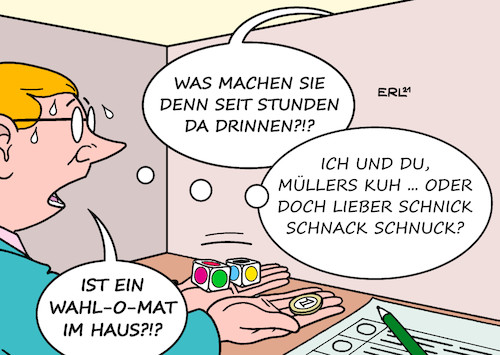 Cartoon: Notfall im Wahllokal (medium) by Erl tagged politik,wahl,bundestagswahl,2021,wahlkabine,wähler,unentschlossen,unentschlossene,entscheidung,schwer,würfel,münze,abzählreim,schnick,schnack,schnuck,wahlomat,karikatur,erl,politik,wahl,bundestagswahl,2021,wahlkabine,wähler,unentschlossen,unentschlossene,entscheidung,schwer,würfel,münze,abzählreim,schnick,schnack,schnuck,wahlomat,karikatur,erl