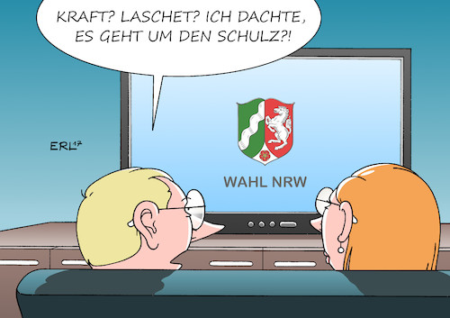 Cartoon: NRW Schulz (medium) by Erl tagged wahl,landtagswahl,landtag,nordrhein,westfalen,nrw,ministerpräsidentin,hannelore,kraft,spd,herausforderer,armin,laschet,cdu,duell,fernduel,martin,schulz,bundeskanzlerin,angela,merkel,schulzeffekt,schulzzug,euphorie,ernüchterung,karikatur,erl,wahl,landtagswahl,landtag,nordrhein,westfalen,nrw,ministerpräsidentin,hannelore,kraft,spd,herausforderer,armin,laschet,cdu,duell,fernduel,martin,schulz,bundeskanzlerin,angela,merkel,schulzeffekt,schulzzug,euphorie,ernüchterung,karikatur,erl