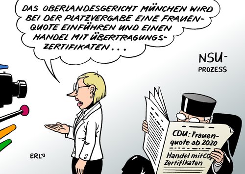 Cartoon: NSU-Prozess (medium) by Erl tagged nsu,mordserie,rechtsextremismus,aufklärung,pannen,gericht,verhandlung,platzvergabe,journalisten,termin,verschiebung,nsu,mordserie,rechtsextremismus,aufklärung,pannen,gericht,verhandlung,platzvergabe,journalisten,termin,verschiebung