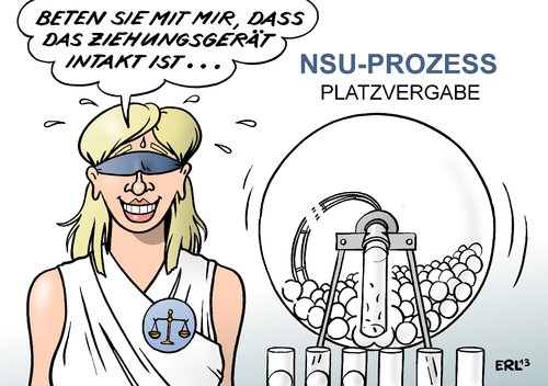 Cartoon: NSU-Prozess (medium) by Erl tagged nsu,mordserie,neonazi,rechtsextremismus,prozess,platzvergabe,pannen,losverfahren,lottozahlen,ziehungsgerät,oberlandesgericht,münchen,gericht,justiz,justitia,recht,gesetz,nsu,mordserie,neonazi,rechtsextremismus,prozess,platzvergabe,pannen,losverfahren,lottozahlen,ziehungsgerät,oberlandesgericht,münchen,gericht,justiz,justitia,recht,gesetz