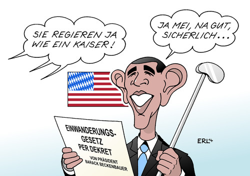 Cartoon: Obama (medium) by Erl tagged usa,präsident,barack,obama,einwanderung,einwanderungsgesetz,gesetz,dekret,mehrheit,republikaner,kongress,kaiser,franz,beckenbauer,golf,golfschläger,bayern,karikatur,erl,usa,präsident,barack,obama,einwanderung,einwanderungsgesetz,gesetz,dekret,mehrheit,republikaner,kongress,kaiser,franz,beckenbauer,golf,golfschläger,bayern