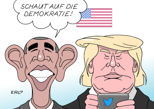 Cartoon: Obama Trump (medium) by Erl tagged usa,präsident,barack,obama,abschied,rede,abschiedsrede,demokratie,social,media,nachfolger,donald,trump,twitter,smartphone,ablenkung,eignung,amt,zweifel,karikatur,erl,usa,präsident,barack,obama,abschied,rede,abschiedsrede,demokratie,social,media,nachfolger,donald,trump,twitter,smartphone,ablenkung,eignung,amt,zweifel,karikatur,erl