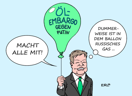 Cartoon: Ölembargo (medium) by Erl tagged politik,krieg,angriff,überfall,wladimir,putin,russland,ukraine,sanktionen,erdöl,öl,ölembargo,initiative,deutschland,wirtschaftsminister,robert,habeck,grüne,abhängigkeit,hoch,russisches,gas,luftballon,karikatur,erl,politik,krieg,angriff,überfall,wladimir,putin,russland,ukraine,sanktionen,erdöl,öl,ölembargo,initiative,deutschland,wirtschaftsminister,robert,habeck,grüne,abhängigkeit,hoch,russisches,gas,luftballon,karikatur,erl