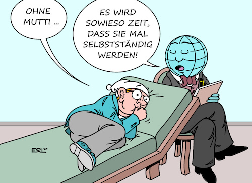 Cartoon: ohne Mutti (medium) by Erl tagged politik,wahl,bundestagswahl,2021,bundeskanzlerin,angela,merkel,ende,ära,deutschland,unsicherheit,selbstständigkeit,psychotherapie,couch,therapeut,welt,erde,außenpolitik,karikatur,erl,politik,wahl,bundestagswahl,2021,bundeskanzlerin,angela,merkel,ende,ära,deutschland,unsicherheit,selbstständigkeit,psychotherapie,couch,therapeut,welt,erde,außenpolitik,karikatur,erl