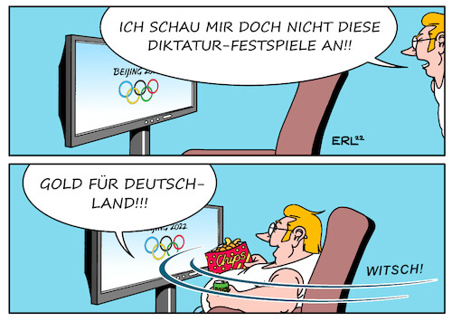 Cartoon: Olympische Bewegung (medium) by Erl tagged politik,sport,olympia,olympische,winterspiele,peking,2022,unterdrückung,menschenrechte,demokratie,boykott,goldmedaille,deutschland,begeisterung,fernsehen,fernsehsessel,bier,chips,karikatur,erl,politik,sport,olympia,olympische,winterspiele,peking,2022,unterdrückung,menschenrechte,demokratie,boykott,goldmedaille,deutschland,begeisterung,fernsehen,fernsehsessel,bier,chips,karikatur,erl