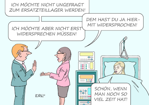 Cartoon: Organspende (medium) by Erl tagged politik,gesundheit,organspende,diskussion,widerspruchslösung,widerspruch,spender,ersatzteillager,leben,retter,retterin,krankheit,warten,spenderorgan,zeit,tod,ethik,organspendeausweis,karikatur,erl,politik,gesundheit,organspende,diskussion,widerspruchslösung,widerspruch,spender,ersatzteillager,leben,retter,retterin,krankheit,warten,spenderorgan,zeit,tod,ethik,organspendeausweis,karikatur,erl