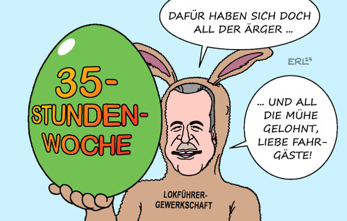 Cartoon: Osterhase (medium) by Erl tagged politik,verkehr,tarifverhandlungen,bahn,gewerkschaft,gdl,lokführer,chef,claus,weselsky,streik,warnstreik,wellenstreik,streikwelle,ärger,mühe,fahrgast,fahrgäste,bahnkundin,bahnkunde,verhandlungen,einigung,35,stunden,woche,arbeitszeit,osterei,osterhase,ei,ostern,karikatur,erl,politik,verkehr,tarifverhandlungen,bahn,gewerkschaft,gdl,lokführer,chef,claus,weselsky,streik,warnstreik,wellenstreik,streikwelle,ärger,mühe,fahrgast,fahrgäste,bahnkundin,bahnkunde,verhandlungen,einigung,35,stunden,woche,arbeitszeit,osterei,osterhase,ei,ostern,karikatur,erl