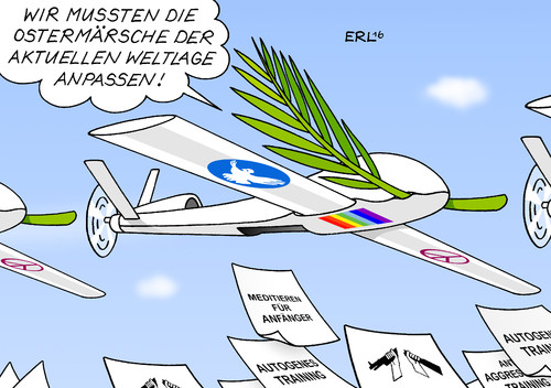 Cartoon: Ostermärsche (medium) by Erl tagged ostermarsch,frieden,demontration,welt,lage,terror,anschläge,belgien,brüssel,pakistan,lahore,krieg,gewalt,aufrüstung,drohnen,friedentaube,peace,autogenes,training,entspannung,anti,agression,palmzweig,karikatur,erl,ostermarsch,frieden,demontration,welt,lage,terror,anschläge,belgien,brüssel,pakistan,lahore,krieg,gewalt,aufrüstung,drohnen,friedentaube,peace,autogenes,training,entspannung,anti,agression,palmzweig,karikatur,erl