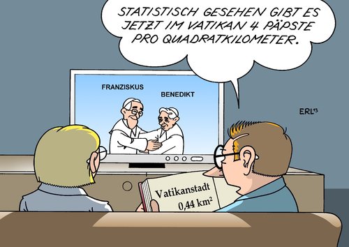 Cartoon: Päpste (medium) by Erl tagged papst,franziskus,benedikt,emeritiert,päpste,zwei,vier,quadratkilometer,vatikan,vatikanstadt,statistik,papst,franziskus,benedikt,emeritiert,päpste,zwei,vier,quadratkilometer,vatikan,vatikanstadt,statistik