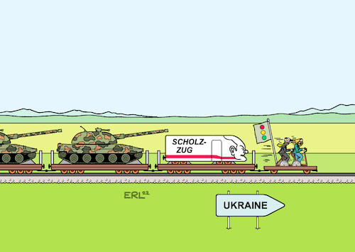 Cartoon: Panzerlieferung (medium) by Erl tagged politik,krieg,angriff,überfall,wladimir,putin,russland,ukraine,usa,nato,eu,waffenlieferungen,deutschland,bundeskanzler,olaf,scholz,zögern,zaudern,drängen,ampel,koalitionspartner,grüne,toni,hofreiter,fdp,christian,lindner,panzer,zug,lokomotive,draisine,karikatur,erl,politik,krieg,angriff,überfall,wladimir,putin,russland,ukraine,usa,nato,eu,waffenlieferungen,deutschland,bundeskanzler,olaf,scholz,zögern,zaudern,drängen,ampel,koalitionspartner,grüne,toni,hofreiter,fdp,christian,lindner,panzer,zug,lokomotive,draisine,karikatur,erl