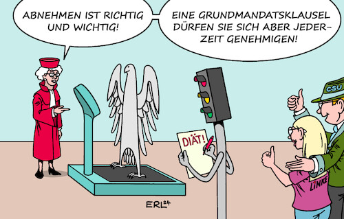 Cartoon: Patient Bundestag (medium) by Erl tagged politik,bundestag,wahlrecht,direktmandate,überhangsmandate,ausgleichsmandate,aufblähung,reform,ampel,spd,grüne,fdp,klage,csu,linke,bundesverfassungsgericht,urteil,rechtmäßig,beibehaltung,grundmandatsklausel,abnehmen,waage,übergewicht,iät,richterin,karikatur,erl,politik,bundestag,wahlrecht,direktmandate,überhangsmandate,ausgleichsmandate,aufblähung,reform,ampel,spd,grüne,fdp,klage,csu,linke,bundesverfassungsgericht,urteil,rechtmäßig,beibehaltung,grundmandatsklausel,abnehmen,waage,übergewicht,iät,richterin,karikatur,erl