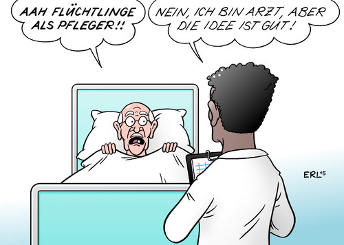 Cartoon: Pflegekräftemangel (medium) by Erl tagged pflege,reform,demenz,pflegekräfte,mangel,arzt,flüchtlinge,hautfarbe,angst,idee,karikatur,erl,pflege,reform,demenz,pflegekräfte,mangel,arzt,flüchtlinge,hautfarbe,angst,idee