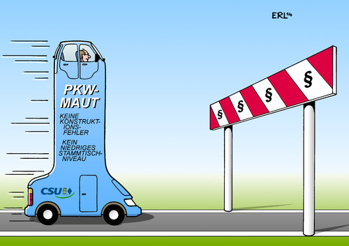 Cartoon: PKW-Maut (medium) by Erl tagged verkehrsminister,spd,cdu,koalition,große,ausländer,deutschland,eu,recht,problem,umsetzung,wahlgeschenk,wahlkampf,csu,idee,maut,pkw,auto,dobrindt,lkw,hürde,schranke,pkw,maut,idee,csu,wahlkampf,wahlgeschenk,umsetzung,problem,recht,eu,deutschland,ausländer,große,koalition,cdu,spd,verkehrsminister,dobrindt