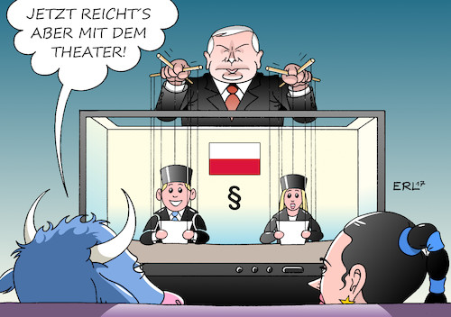 Cartoon: Polen (medium) by Erl tagged eu,strafverfahren,polen,justizreform,politik,einflussnahme,justiz,rechtsprechung,rechtsstaat,gefahr,gefährdung,gewaltenteilung,europäische,werte,demokratie,kaczynski,puppenspieler,theater,marionetten,richter,europa,stier,karikatur,erl,eu,strafverfahren,polen,justizreform,politik,einflussnahme,justiz,rechtsprechung,rechtsstaat,gefahr,gefährdung,gewaltenteilung,europäische,werte,demokratie,kaczynski,puppenspieler,theater,marionetten,richter,europa,stier,karikatur,erl