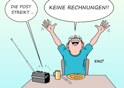 Cartoon: Poststreik (medium) by Erl tagged politik,post,streik,verdi,gewerkschaft,lohn,gehalt,arbeit,brief,rechnung,frühstück,jubel,radio,karikatur,erl,politik,post,streik,verdi,gewerkschaft,lohn,gehalt,arbeit,brief,rechnung,frühstück,jubel,radio,karikatur,erl