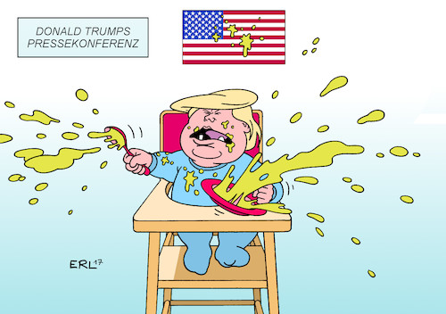 Cartoon: Pressekonferenz Trump (medium) by Erl tagged usa,pressekonferenz,donald,trump,präsident,charakter,infantil,narzissmus,choleriker,aggression,pöbelei,journalisten,medien,zeitungen,fernsehen,kind,kinderstuhl,brei,karikatur,erl,usa,pressekonferenz,donald,trump,präsident,charakter,infantil,narzissmus,choleriker,aggression,pöbelei,journalisten,medien,zeitungen,fernsehen,kind,kinderstuhl,brei,karikatur,erl