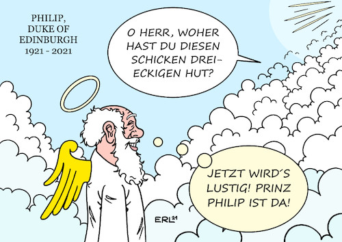 Cartoon: Prinz Philip (medium) by Erl tagged politik,gesellschaft,leben,tod,prinz,philip,duke,of,edinburgh,ehemann,königin,queen,elizabeth,ii,england,großbritannien,vereinigtes,königreich,humor,legendär,himmel,gott,petrus,karikatur,erl,politik,gesellschaft,leben,tod,prinz,philip,duke,of,edinburgh,ehemann,königin,queen,elizabeth,ii,england,großbritannien,vereinigtes,königreich,humor,legendär,himmel,gott,petrus,karikatur,erl