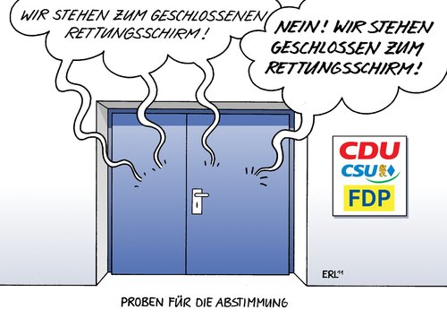 Cartoon: Proben für die Abstimmung (medium) by Erl tagged euro,krise,schulden,giechenland,rettungsschirm,abstimmung,bundestag,mehrheit,koalition,schwarz,gelb,cdu,csu,fdp,probe,proben,kanzlermehrheit,euro,krise,schulden,giechenland,rettungsschirm,abstimmung,mehrheit,schwarz