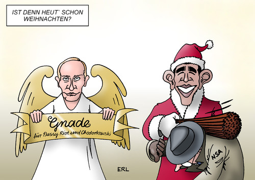 Cartoon: Putin Obama (medium) by Erl tagged putin,russland,begnadigung,gnade,gefangene,politisch,pussy,riot,chodorkowski,engel,weihnachtsengel,obama,usa,geheimdienst,nsa,abhöraffäre,maßnahme,rute,santa,claus,weihnachtsmann,weihnachten,präsident,karikatur,erl,putin,obama