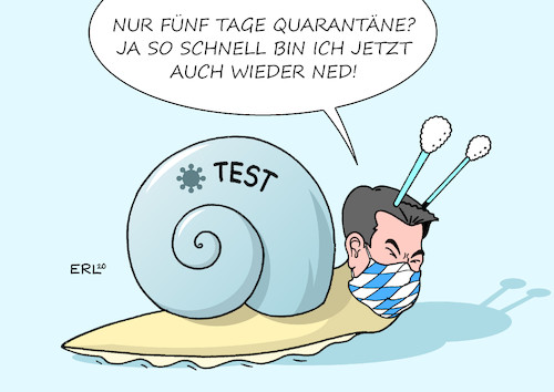 Cartoon: Quarantäne Bayern (medium) by Erl tagged politik,corona,virus,pandemie,covid19,test,bayern,panne,verzögerung,ministerpräsident,markus,söder,image,macher,kanzlerkandidat,schnecke,teststäbchen,diskussion,virologen,quarantäne,zeit,verkürzung,14,fünf,tage,karikatur,erl,politik,corona,virus,pandemie,covid19,test,bayern,panne,verzögerung,ministerpräsident,markus,söder,image,macher,kanzlerkandidat,schnecke,teststäbchen,diskussion,virologen,quarantäne,zeit,verkürzung,14,fünf,tage,karikatur,erl