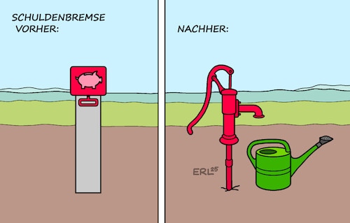 Cartoon: Reform der Schuldenbremse (medium) by Erl tagged politik,koalition,cdu,csu,spd,reform,schuldenbremse,grüne,schulden,pumpe,investitionen,gießkanne,karikatur,erl,politik,koalition,cdu,csu,spd,reform,schuldenbremse,grüne,schulden,pumpe,investitionen,gießkanne,karikatur,erl